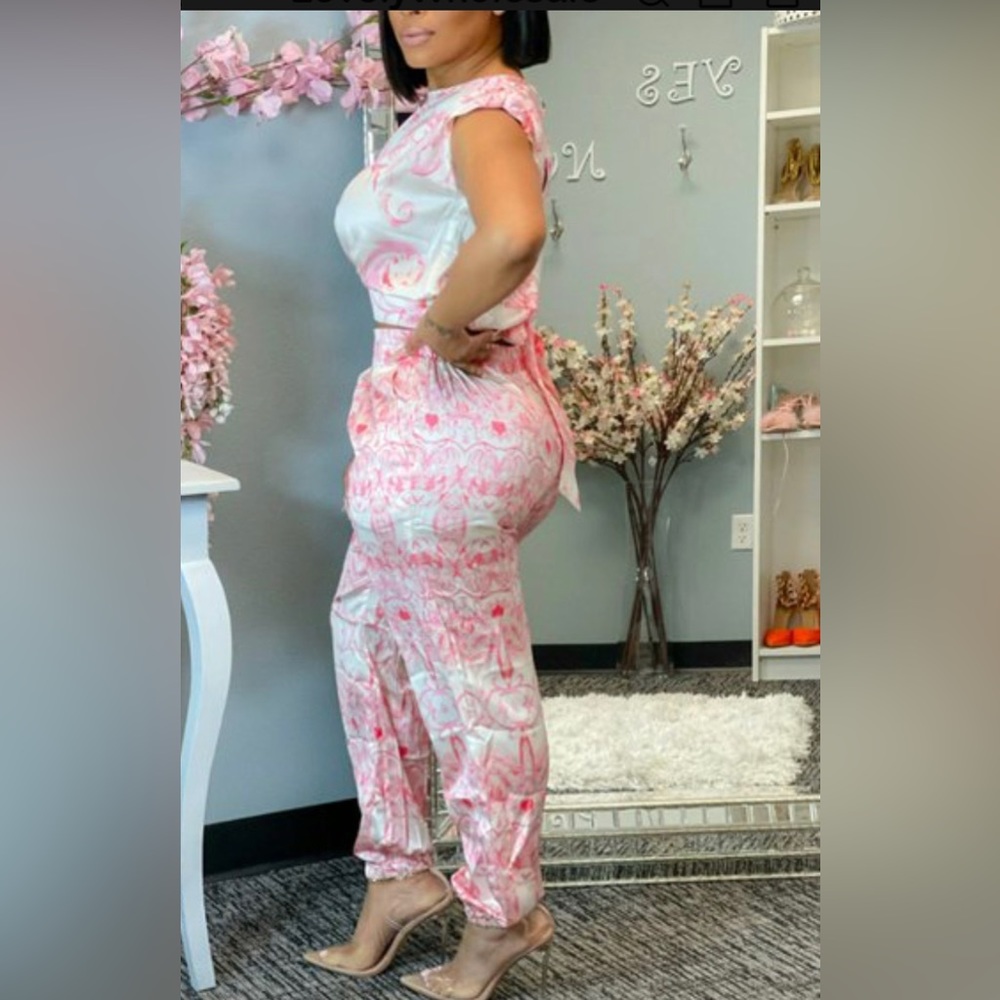 Pink & White silky blouse & pants set